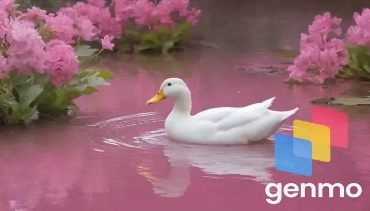 a white duck swimming in a pond with pink flowers