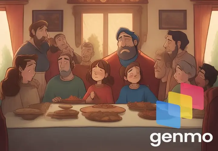 Transition to the dining hall where the family gathers for a meal. Use close-up shots to capture the expressions on each character's face as the king poses his question about their love for him.