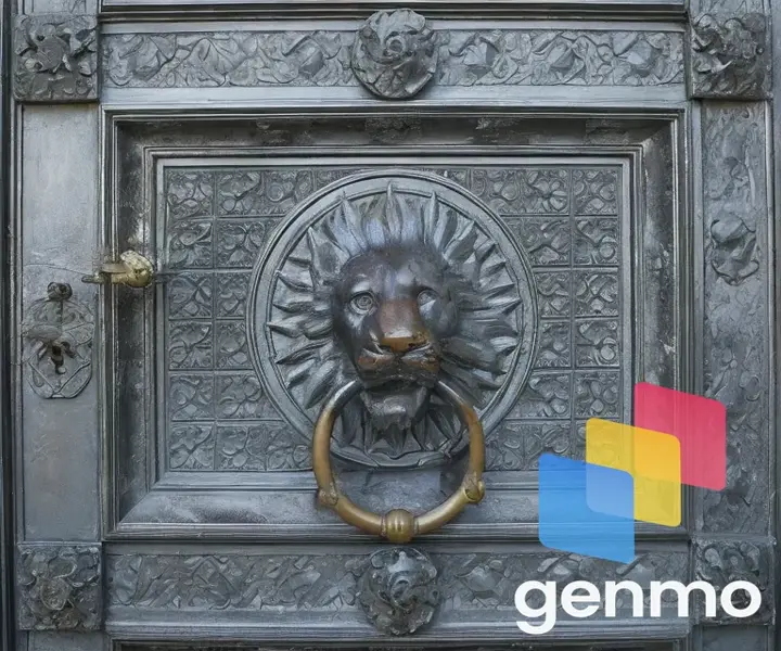 a metal door with a lion's head door knocker on it