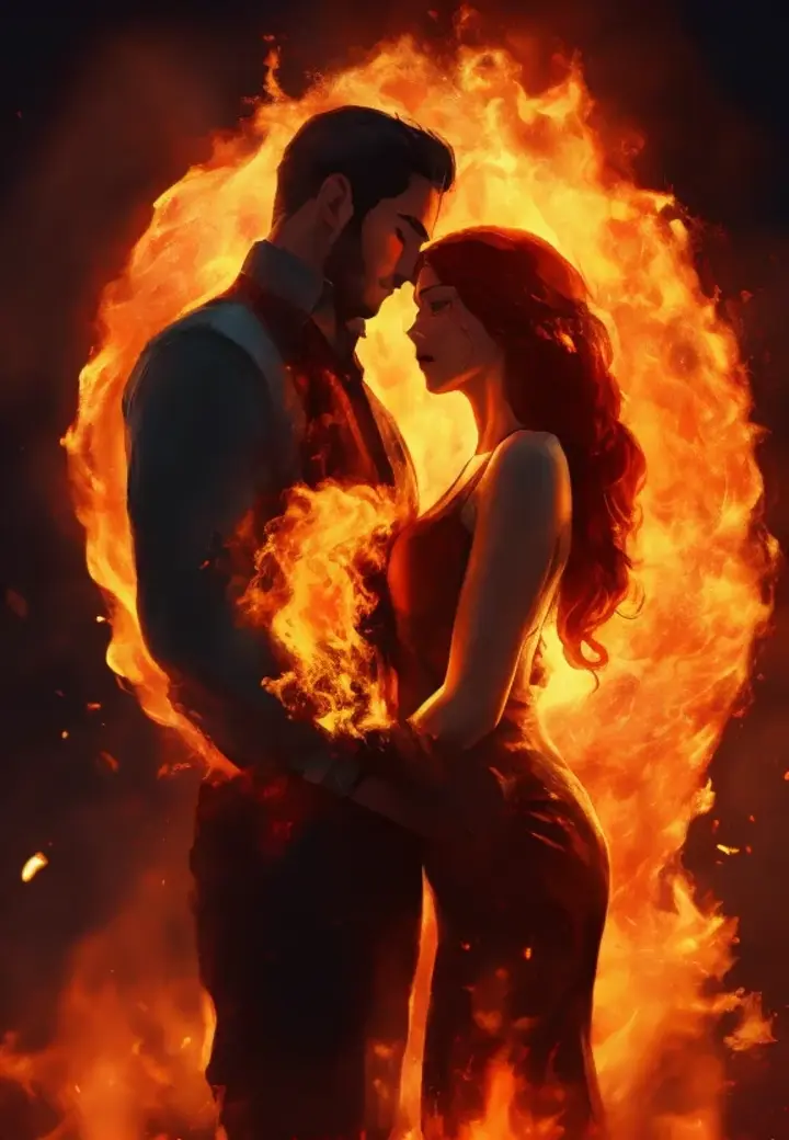 a man and a woman standing in front of a fire