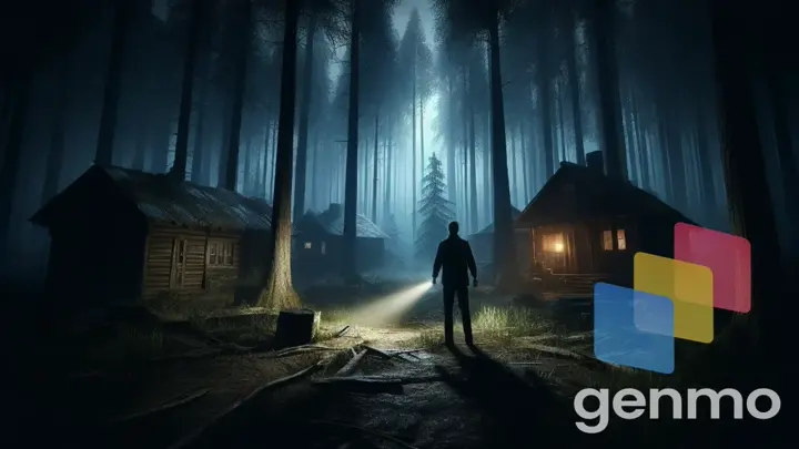 a man standing in a forest at night, the sky moving with clouds