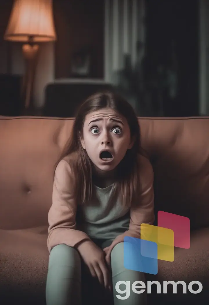 girl sitting on the sofa with a scared face