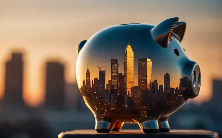 a piggy bank sitting on top of a wooden table