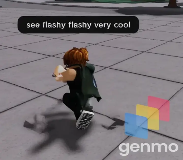 a person dashing on a tiled floor with a katana saying see flashy flashy very cool