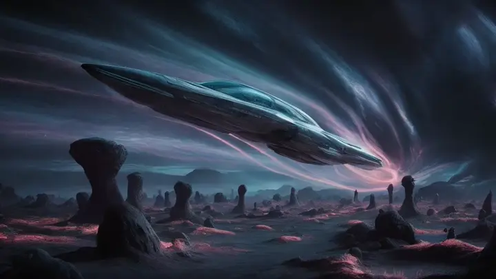 A mesmerizing 4K cinematic image of a sleek, futuristic alien spacecraft soaring above an eerie, yet breathtaking alien landscape. The ground below is covered in peculiar rock formations, with vibrant, bioluminescent flora emitting a ethereal glow. The spacecraft is enveloped in a swirl of vibrant colors, creating a surreal, otherworldly atmosphere. The shadows cast on the landscape hint at the dark sci-fi fantasy style that permeates the scene, leaving the viewer in awe of the incredible level of detail and realism.