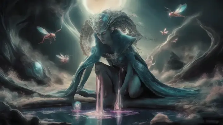 An awe-inspiring highest level of details throughout, 4K cinematic image of a breathtakingly blue Arcturian ALIEN Goddess,her tentacles waving snapping at the holographic insects, She is gracefully bending down to collect glowing, reflective magic liquids from a mysterious pool. Surrounding her are delicate holographic flying alien insects, their colors and patterns reminiscent of the cosmos. The alien landscape is a blend of dark sci-fi fantasy elements, with ominous rock formations, luminescent flora, and an ethereal atmosphere. The intricate details in the scene create a photorealistic masterpiece that transports the viewer into a mesmerizing world of wonder and mystery.