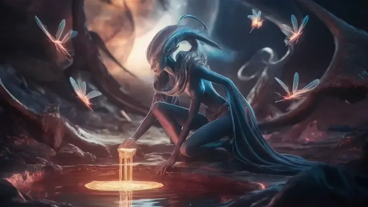 A stunning 4K cinematic close up image of the beautiful blue arcturian ALIEN Goddess on the surface of the strange alien landscape picking up the strange glowing reflective magic liquids from the pool, holographic flying alien insects sorround her in the air, highest level of intricate photorealistic cinematic details, 4K quality, dark sci-fi fantasy style