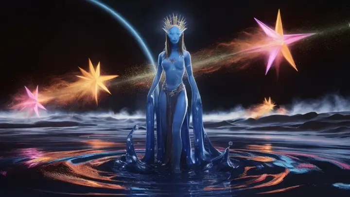 In this stunning 4K photorealistic cinematic image, a captivating blue Arcturian alien goddess stands majestically on the surface of an enigmatic alien world. The goddess, adorned in intricate celestial attire, appears radiant as she emanates a divine aura. Flying starlike orbs zoom by, leaving vibrant dust trails in their wake, while the reflective liquid that pools around her feet ripples in delightful waves. The dark sci-fi fantasy style creates an immersive atmosphere of wonder and mystery, showcasing the highest level of detail and quality.