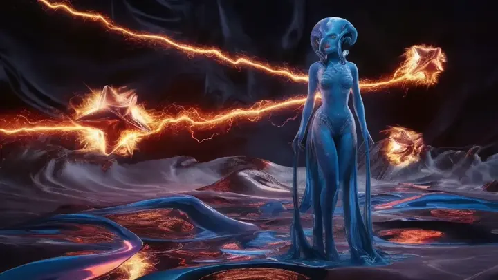 A captivating high-quality 4K image of an ethereal Arcturian alien goddess standing on a mysterious alien planet. She has a beautiful blue form with intricate details, and her long hair is adorned with star-like orbs that emit vibrant colors and leave dust clouds as they whiz by. The ground beneath her feet is reflective liquid that ripples like waves, emanating a sense of delight. In the background, dark sci-fi fantasy elements can be seen, including towering structures and ominous clouds. The overall atmosphere of the image is otherworldly and enchanting, with an immersive, cinematic quality.