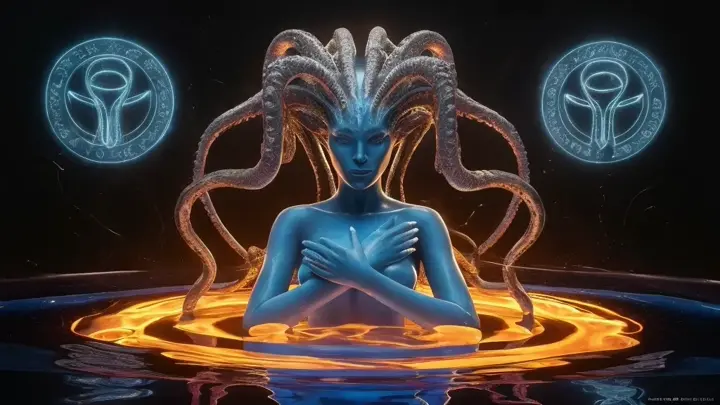 blue arcturian ALIEN Goddess with her crown made from living bio tentacles, embraces the powers from the magical alien reflective glowing pool of liquids drops causing waves of bioluminescent flow, dark background with holographic ancient alien symbols hovering in the surrounding air, highest level of intricate photo realistic cinematic details, 4K quality, dark sci-fi fantasy style