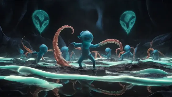 small blue aliens tribal trance dancing on the surface of the strange alien world with living bio tentacles emerging from the reflective glowing pool of liquids drops causing waves of bioluminescent flow, dark background with holographic ancient alien symbols hovering in the surrounding air, highest level of intricate photo realistic cinematic details, 4K quality, dark sci-fi fantasy style