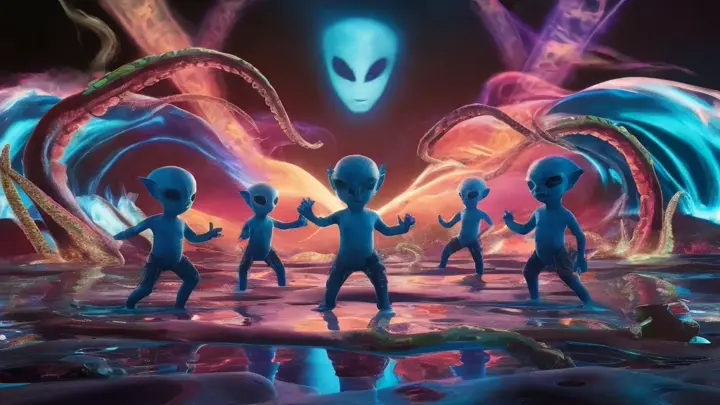 An extraordinary 4K photo-realistic scene of small blue alien creatures engaged in tribal trance dancing on a surreal, bioluminescent alien planet. They are adorned with intricate body paint and feathers, dancing around a glowing pool of multicolored, reflective liquids. The pool emits living bio-tentacles that move in response to the dancers, creating waves of mesmerizing bioluminescent flow. The backdrop features a vibrant cosmic landscape with swirling colors and holographic ancient alien symbols floating in the air. The overall atmosphere is a dark, captivating sci-fi fantasy style, with unparalleled levels of detail and visual complexity.