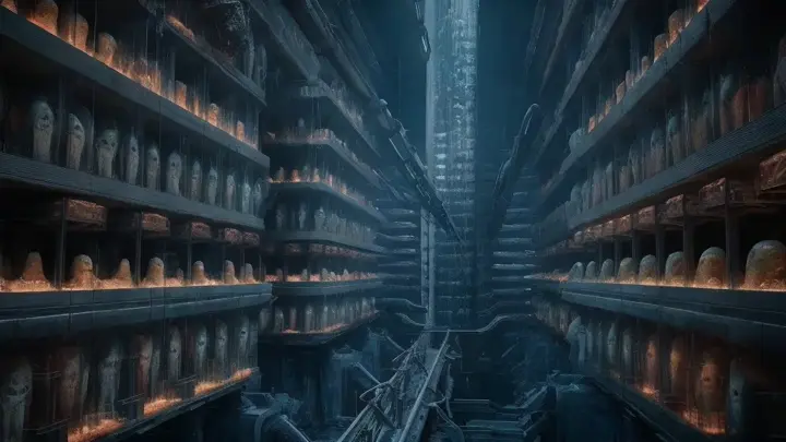 visually stunning and highly realistic cinematic depiction of a massive alien cloning facility. The facility features hundreds of level

s, each adorned with sleek and ominous alien cloning pods. The pods are filled with biogenetic liquids, nurturing new alien lifeforms at various stages of development. The atmosphere is eerie and atmospheric, with a dark and futuristic sci-fi fantasy style. The level of detail in the scene is jaw-dropping, making it a perfect set for a blockbuster sci-fi movie., cinematic