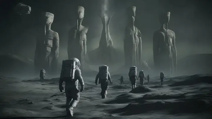 A stunning, ultra-realistic cinematic sci-fi image of astronaut explorers venturing across the barren, alien terrain. Towering in the back

ground are colossal ancient alien statues, evoking the essence of Elohimm Gods, stretching upwards towards the cosmos. The atmosphere is eerie yet captivating, with a touch of H.R. Giger's dark sci-fi fantasy style. The detailed landscape, intricate spacecraft, and the explorers' gear create a sense of immersion, as if you're witnessing a scene from a blockbuster sci-fi movie., cinematic