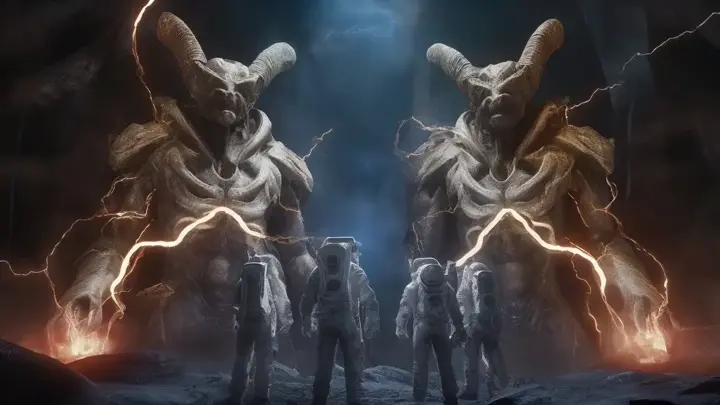 A stunning, ultra-realistic cinematic scene set in an extraterrestrial city, where ancient alien Elohim warlord Gods' statues loom large. The

horned figures stand proudly, their gazes fixed on the magnificent futuristic gates that dominate the background. Electric power pulses along the stone, casting an ethereal glow and accentuating the cosmic atmosphere. The detailed environment, reminiscent of H.R. Giger's dark sci-fi fantasy style, creates an eerie yet captivating ambiance. This immersive, blockbuster-worthy scene transports viewers to a world of unparalleled wonder and mystery., cinematic