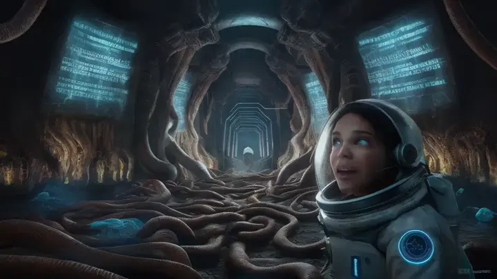 A captivating close-up of a stunning female astronaut explorer, looking in awe at the entrance of an ancient Elohim Alien temple. The temple features towering pillars with holographic etchings of an alien code that glow and illuminate the biomechanical living walls. The temple floor is a mass of twisting, intertwining tentacles, and small blue aliens emerge from the shadows. The atmosphere is eerie, with the highest level of intricate realistic details, photo-realistic quality, and a cinematic, blockbuster-worthy setting. The dark sci-fi fantasy style is reminiscent of the work of H.R. Giger., cinematic