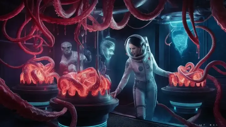 In this stunning cinematic photo-realistic scene, a stunning astronaut explorer finds herself in a dark, H.R. Giger-inspired sci-fi fantasy. She observes with amazement and trepidation as aliens conduct experiments on alien species within bubbling bio-liquid-filled pods. The pods are teeming with writhing, twisting tentacles that drip bioluminescent genetic juices, illuminating the eerie atmosphere. Surrounding the scene, holographic alien symbols float in the air, adding to the otherworldly ambiance. Every detail is rendered with the highest level of intricate realism, making this an unforgettable blockbuster movie set that captivates the viewer., cinematic