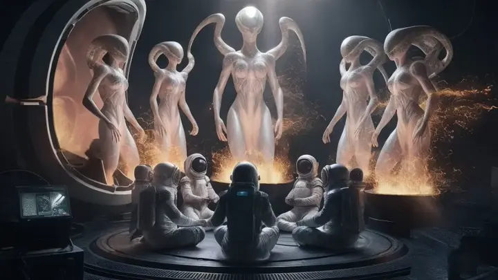 In this extraordinary photo-realistic scene, a group of astronaut-explorers sit in a circle, poised in a meditative stance. They are surrounded by the emergence of mysterious Alien Elohim Gods exiting from a cloning pod. The atmosphere is filled with a magical, heavenly ambiance, enhanced by the glowing lights and sparks of electrical powers emanating from the Gods. The set design exhibits intricate and realistic details, evoking a cinematic blockbuster movie experience. This dark sci-fi fantasy scene is reminiscent of the imaginative style of HR Giger, creating a captivating 4K visual masterpiece., cinematic