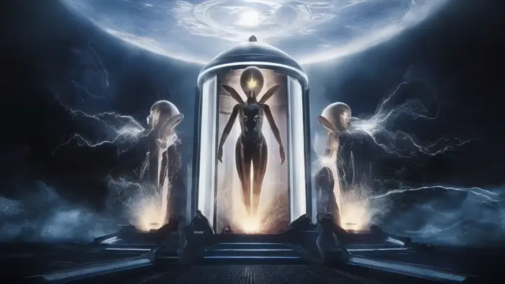 A captivating, photo-realistic scene from a dark sci-fi fantasy movie set, inspired by the visionary imagination of H.R. Giger. In the center, a group of mysterious and powerful Alien Elohim Gods are emerging from a high-tech cloning pod, their bodies radiating with pulsating glows and sparks of electric power. Their celestial presence emits a magical, heavenly atmosphere, with their light rays projecting intricate alien symbols around the scene. The background reveals a futuristic, dystopian cityscape, with a sense of awe and wonder as the Gods' light cascades through the darkness. This breathtaking, 4K quality image captures the highest level of intricate realistic details and captivating cinematic experience., cinematic