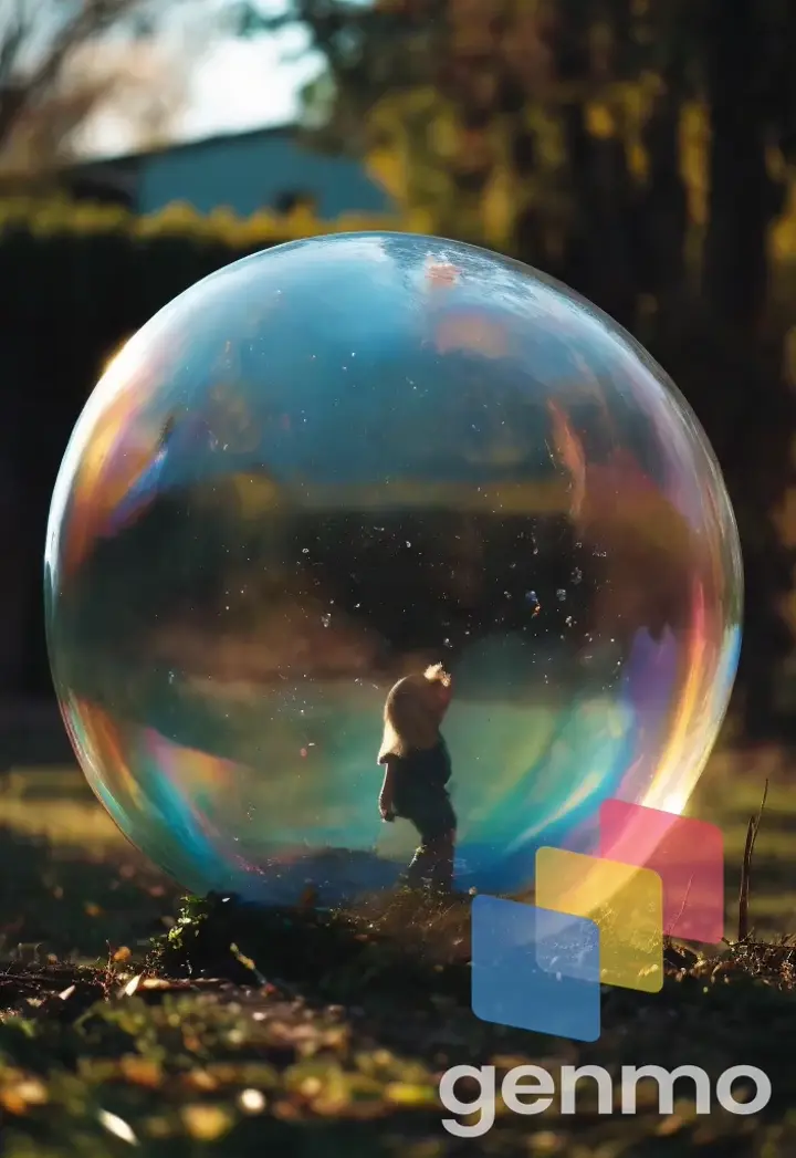 a boy standing in front of a giant bubble