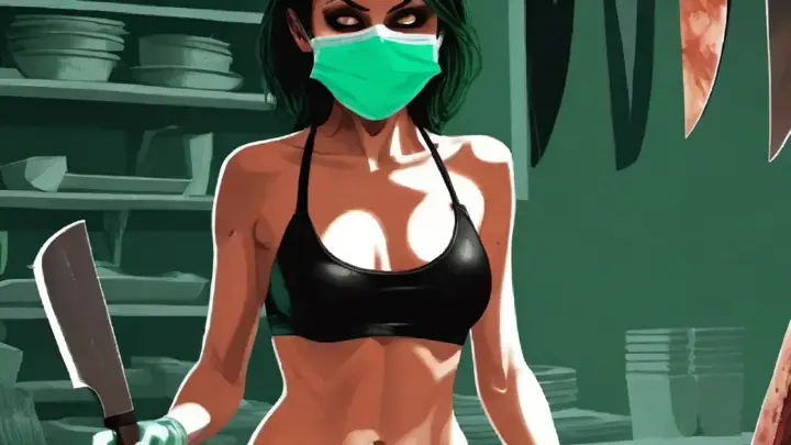 a painting of a woman wearing a surgical mask working in a butcher's shop