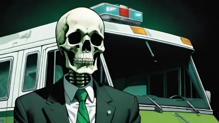 a painting of a skeleton wearing a black suit and green tie standing in front of an old ambulance