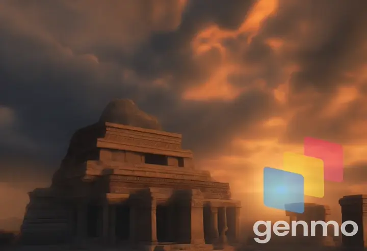 ancient Sumerian temples, clouds are moving, the sun is setting, the weather is slightly darkened, torches are burning in front of the temple