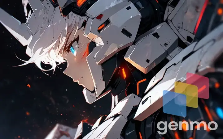 a woman wearing Gundam power armor looking down with a serious look on her face with white wavy hair and blue eyes.