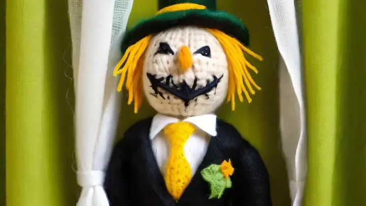 a crocheted doll of the scarecrow wearing a black suit, white shirt and yellow tie standing in front of a green curtain