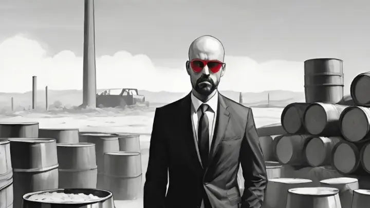 a black and white illustration of a bald man with a full goatee wearing red sunglasses and a black suit and tie standing amongst discarded barrels of industrial waste in the desert