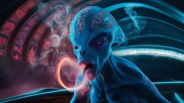 Close-up of an intricately detailed blue alien from the movie 'Close Encounters of the Third Kind'. The alien's skin is adorned with holographic ancient symbols that pulse with neon colors. As it opens its mouth, bioluminescent, hallucinogenic mist emerges in smoke rings. The surrounding atmosphere swirls with neon-colored symbols, while a pulsating ultraviolet light emanates from the craft. The alien's eyes reflect rhythmic electric blue energies, immersing the scene in a dark sci-fantasy style. This highly detailed, photorealistic image captures the essence of a cinematic blockbuster movie set, all rendered in stunning 4K quality., cinematic