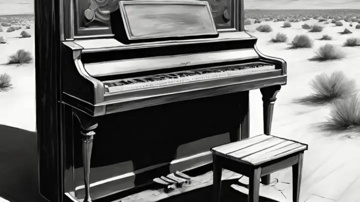 a black and white illustration of an old piano in the desert