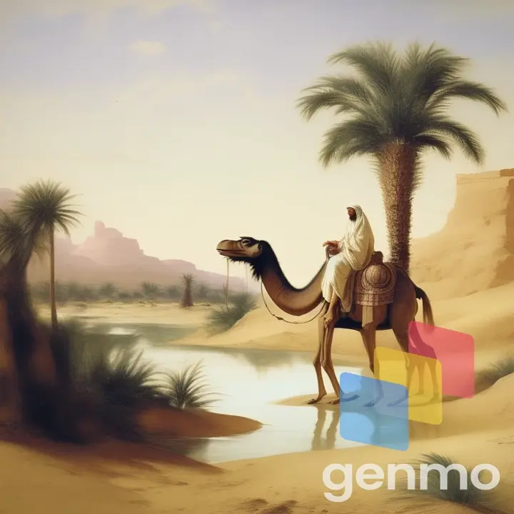 Figure of an Arab man on a camel in the desert near an oasis of water