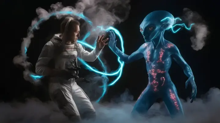 A stunning, highly detailed photorealistic scene from a blockbuster sci-fi film inspired by Close Encounters of the Third Kind. A space agency scientist is hallucinating, surrounded by a haze of swirling, bioluminescent smoke. A blue alien, emanating a trancelike presence, dances in the foreground, its eyes pulsating with deep electric blue energy. Neon-colored ancient alien symbols whirl around the scene, adding to the surreal atmosphere. The background features the ultraviolet glow of a spaceship, with rhythmic pulses of energy emanating from it. The visual elements are intertwined in a dark sci-fantasy style, evoking a cinematic experience. The high-quality 4K image renders every detail with striking clarity., cinematic