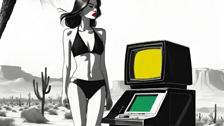 a black and white illustration of a woman with red lipstick standing next to a crt monitor with yellow and green screns in the barren desert