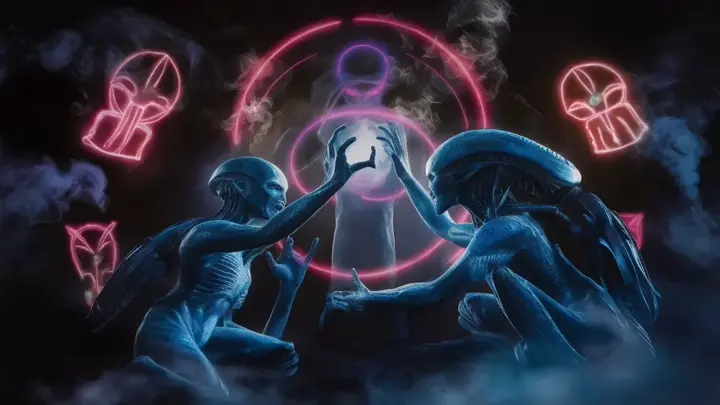 A striking, highly detailed close-up of blue aliens interacting with astral projections in a dreamscape. The aliens are delicately reaching out to the projections, surrounded by swirling, neon-colored symbols. Bioluminescent, hallucinogenic mist forms smoke rings around them, creating an immersive, otherworldly atmosphere. The scene evokes the dark sci-fantasy style of "Close Encounters of the Third Kind" and showcases the highest level of intricate details. The 4K quality and cinematic visuals make it a blockbuster-worthy movie set., cinematic