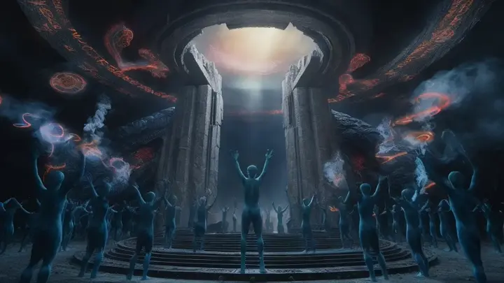 A breathtaking, photorealistic scene from a high-budget sci-fi fantasy film, reminiscent of "Close Encounters of the Third Kind." The frame is dominated by a massive, intricate structure that serves as a gateway between the heavenly kingdom of the universe's creators and the kingdom of dreams. Surrounding the monumental opening, blue-skinned aliens raise their arms towards the universe above, their movements filled with reverence and awe. The atmosphere is charged with neon-colored, ancient alien symbols swirling around, while bioluminescent, hallucinogenic mist forms smoke rings. The entire scene is enveloped in a dark sci-fi fantasy style, showcasing a level of intricate detail that would befit a blockbuster movie set. Captured in 4K quality, this image is a testament to the power of, cinematic