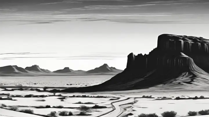 a black and white illustration of the barren desert