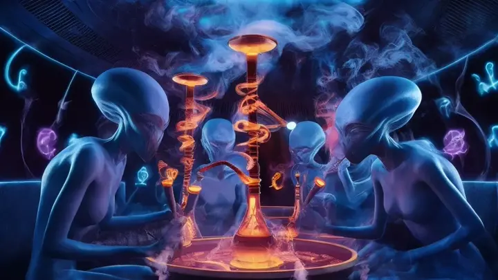 A stunning, photorealistic scene from Close Encounters of the Third Kind, close up of the blue ALIENS inhaling the hallucinogenic smoke from the big bubbling shisha pipes. The bioluminescent mist emits glowing puffs that form smoke rings, while neon-colored ancient alien symbols swirl around, creating an otherworldly atmosphere. The ultraviolet light from within the craft illuminates the scene, and the electric blue pulses of rhythmic energy emanate from the alien beings' eyes. This cinematic, blockbuster-quality image is presented in 4K, capturing the essence of dark sci-fantasy style., cinematic