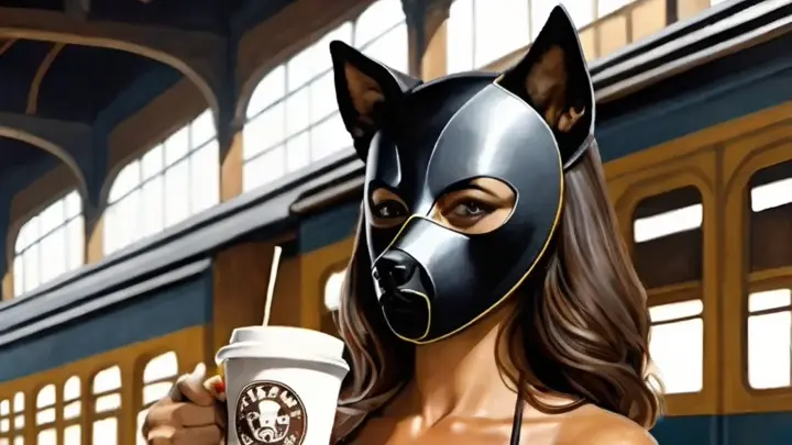 a painting of a woman wearing a leather dog mask holding a cup of coffee in a dirty train station