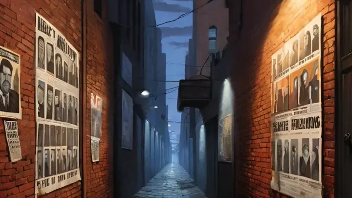 a painting of a dirty alleyway covered in missing persons posters in the grimy city at dusk