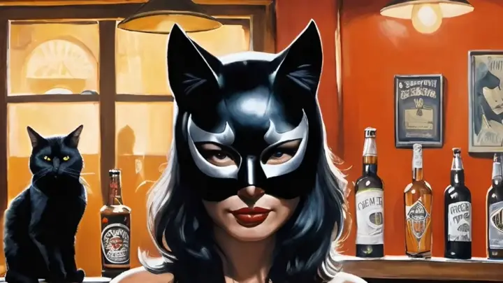 a painting of a woman wearing a leather cat mask next to a cat in a grimy bar