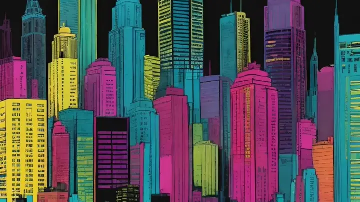 a colorful drawing of a dirty city skyline against a black background