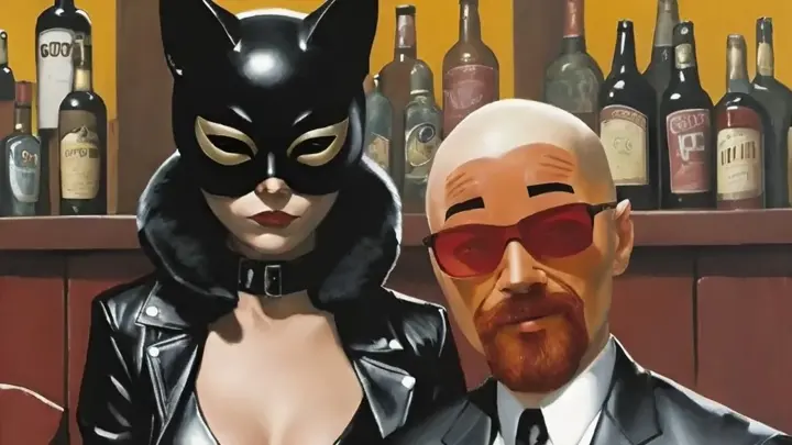 a painting of a woman wearing a leather jacket and simple leather cat mask sitting next to a bald man with a full dark goatee wearing red sunglasses and a black suit and tie in a grimy bar