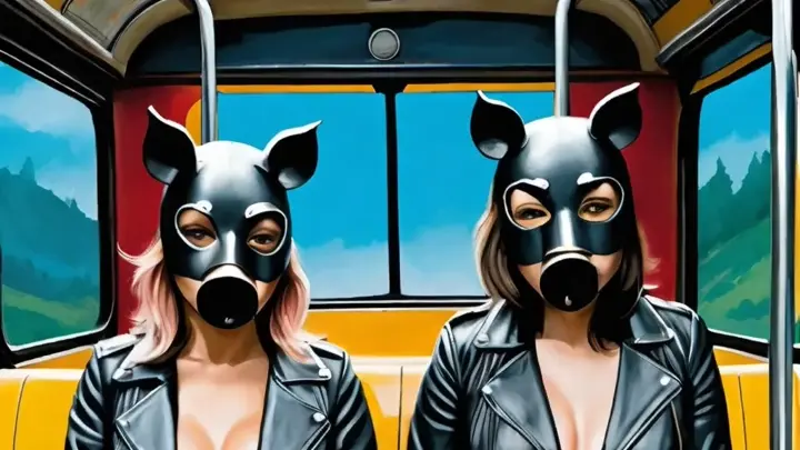 a painting of two women wearing leather jackets and simple leather pig masks sitting on a grimy bus