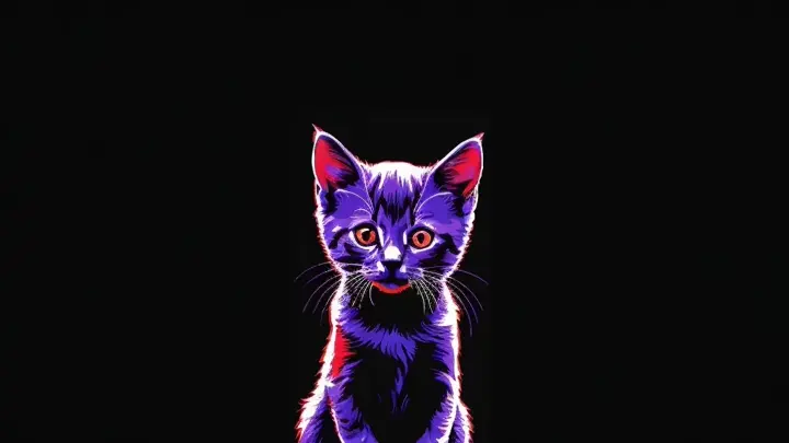 a colorful drawing of a kitten against a black background