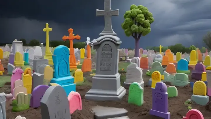 a clay model of a crowded cemetery with a single tree under stormy skies