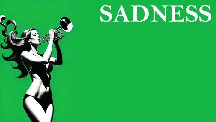 a painting of a woman with a trumpet next to the word sadness