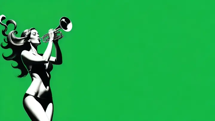 a painting of a woman with a trumpet against a green background with occasional flashes of film grain burn and scoring