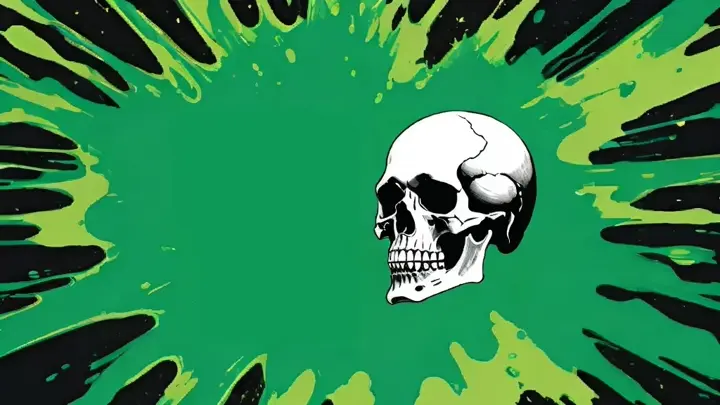 a painting of a skull inside a splotch of green paint on a black background